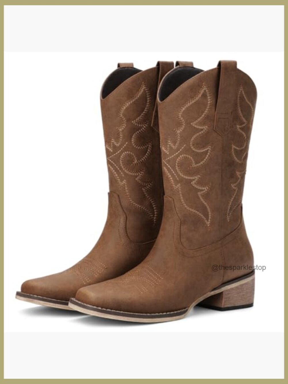 Mid Calf Cowgirl Boots Square Toe Chunky Heel Embroidery Pull On - Picture 6 of 7